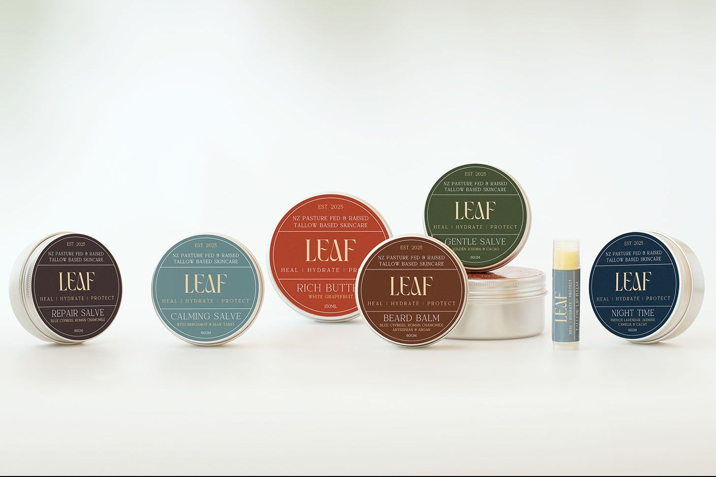 Collection of Leaf skincare products on a white background